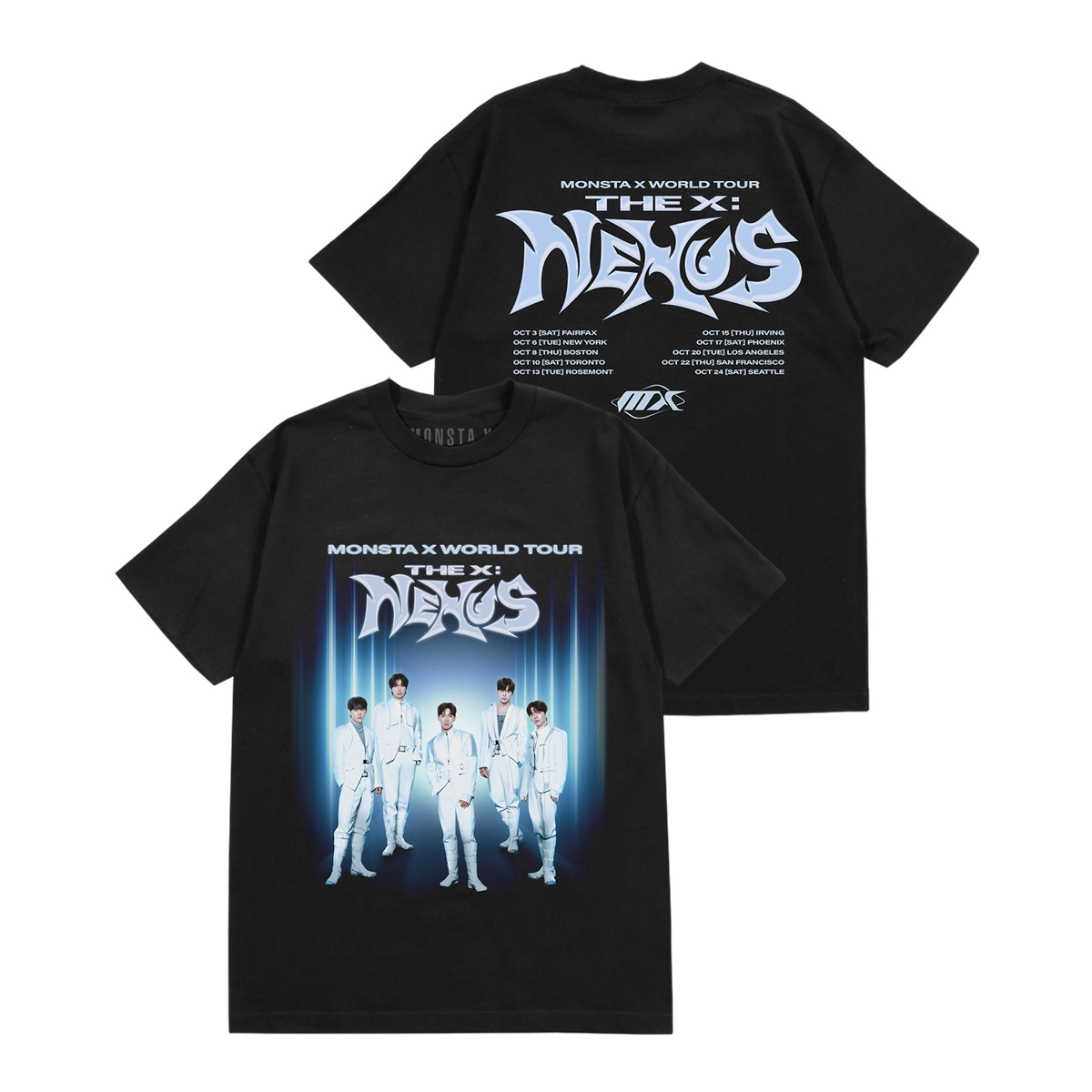 Black short-sleeve T-shirt shown from both front and back on a plain white background. The front features a large graphic print with the text 'MONSTA X WORLD TOUR THE X: NEXUS' above an image of five members in white suits against a blue light effect.