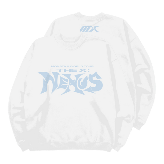 A white crewneck sweatshirt featuring a light blue graphic print on the front that reads 'MONSTA X WORLD TOUR THE X: NEXUS', with a matching light blue 'MX' logo printed inside the back collar.