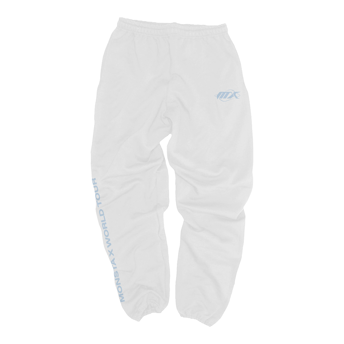 White sweatpants with a light blue MX logo on the left thigh and vertical light blue text reading 'MONSTA X WORLD TOUR' down the right leg.