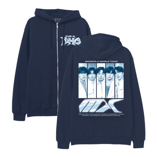 A navy blue zip-up hoodie shown from both front and back. The front features a white 'MONSTA X' logo on the chest, and the back displays a large white and light blue graphic with a group photo of the members and 'MONSTA X WORLD TOUR' text.