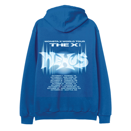 A royal blue hoodie shown from the back, featuring a large white and light-blue graphic print for the 'Monsta X World Tour The X: Nexus' tour dates.