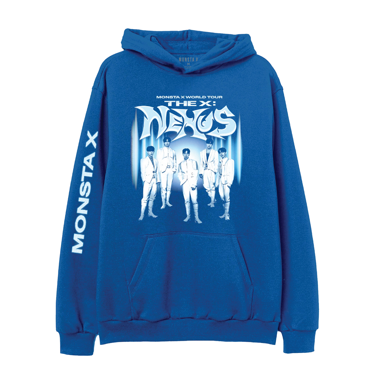 A royal blue pullover hoodie featuring a large graphic print on the front with the text 'MONSTA X WORLD TOUR THE X' and a stylized group photo in white and light blue. The word 'MONSTA X' is printed vertically in white on the left sleeve.
