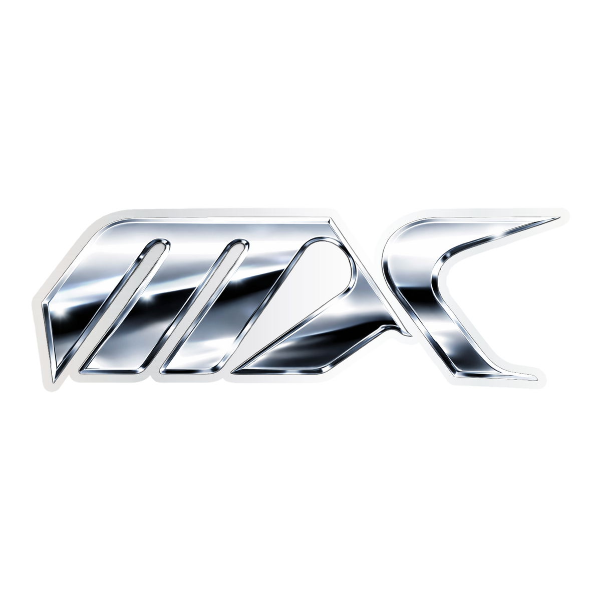 A polished chrome metallic emblem featuring stylized lettering, isolated on a solid white background.