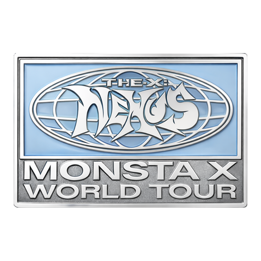 A rectangular metal sign or plaque featuring the text 'THE-X: NEXUS MONSTA X WORLD TOUR' in silver lettering. The top half has a light blue background with a silver globe-like logo, and the bottom half is metallic silver with the tour text.
