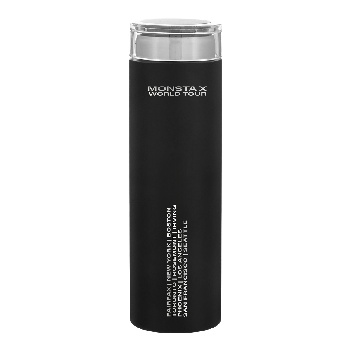 A black insulated travel tumbler with a clear lid, featuring white text that reads 'MONSTA X WORLD TOUR' and additional city names along the lower side, shown on a plain white background.