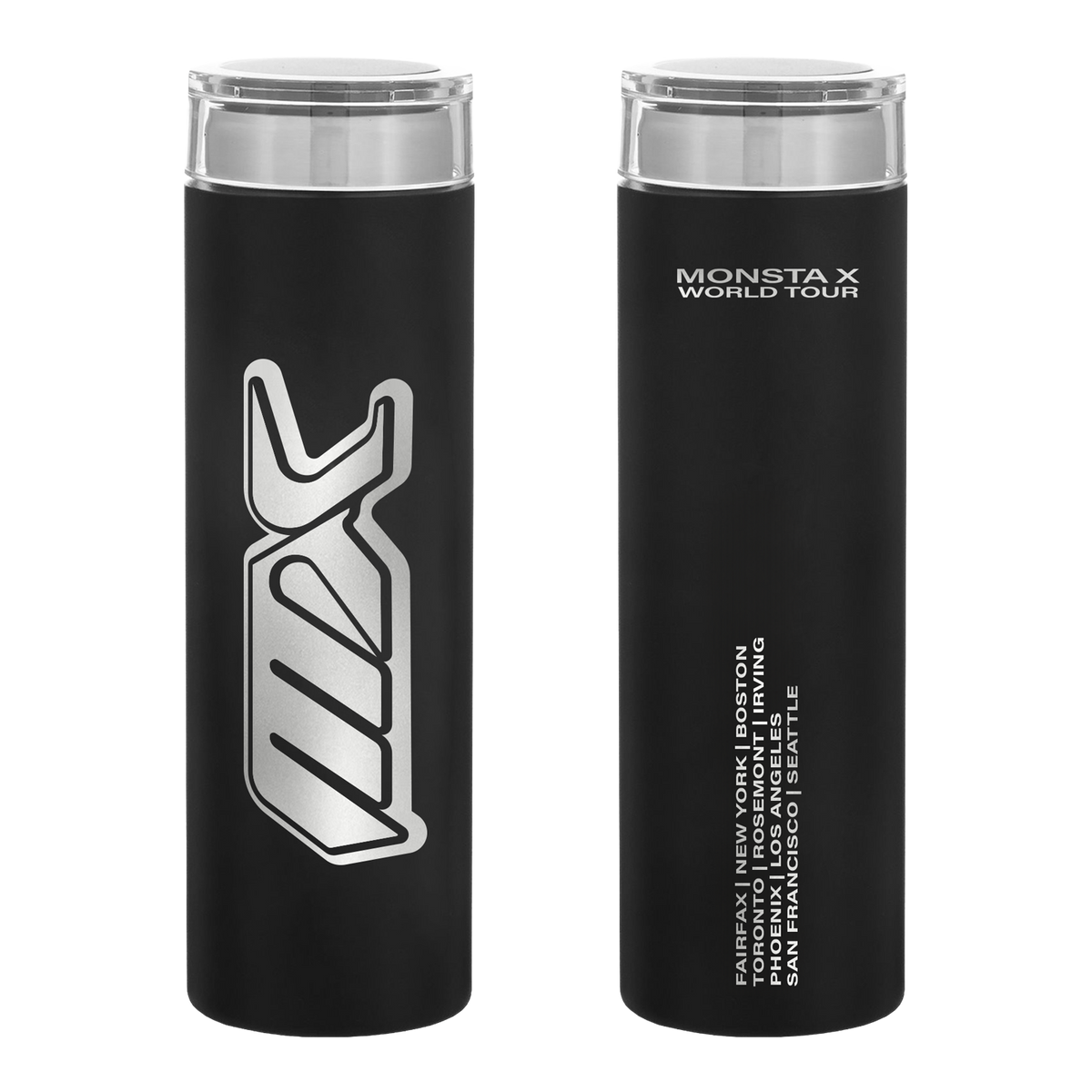 Two black insulated travel tumblers with clear lids shown side by side on a white background. The left tumbler features a large metallic silver 'MX' logo, and the right tumbler displays 'MONSTA X WORLD TOUR' text with tour city details.