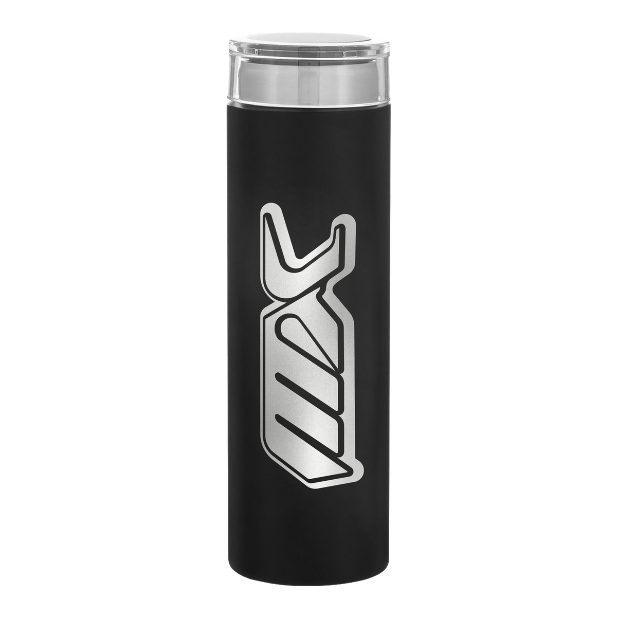 A black insulated travel tumbler with a clear lid and a large silver metallic 'MX' logo on the front, set against a plain white background.