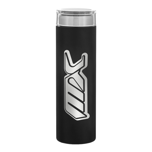 A black insulated travel tumbler with a clear lid and a large silver metallic 'MX' logo on the front, set against a plain white background.