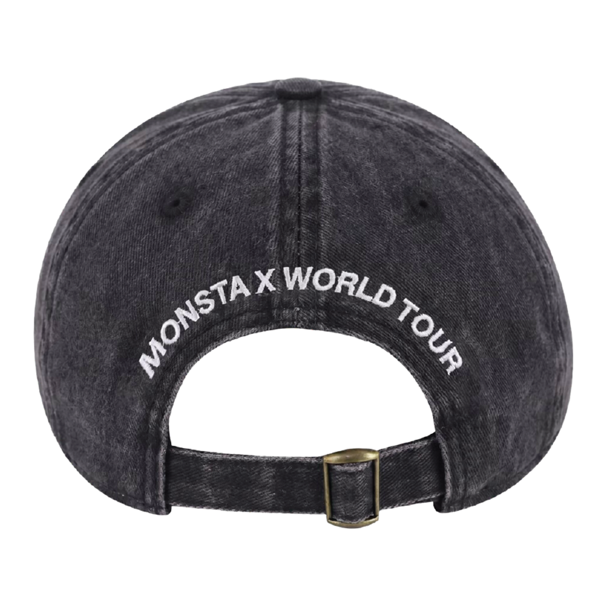 Back view of a dark gray washed baseball cap with 'MONSTA X WORLD TOUR' embroidered in white across the crown and an adjustable strap with a gold-tone buckle.