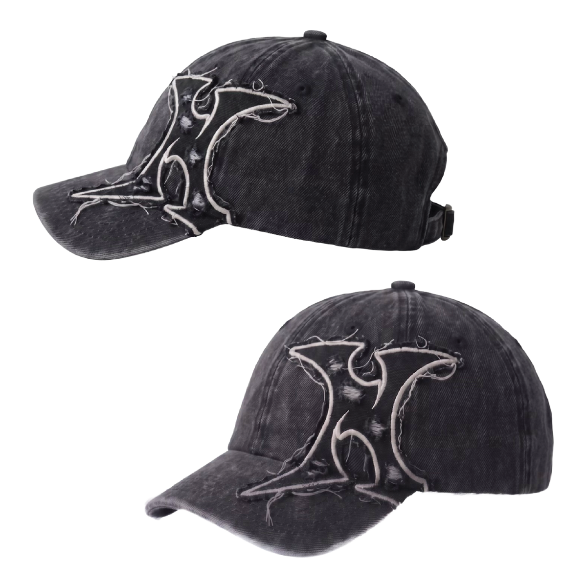 Two views of a washed black baseball cap with a distressed white graphic logo on the front, shown against a plain white background.