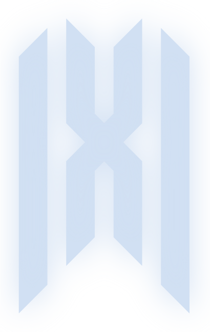 A minimalist geometric logo or emblem featuring a central light blue vertical bar flanked by two matching light blue vertical bars on either side, set against a white background with a soft blue glow.